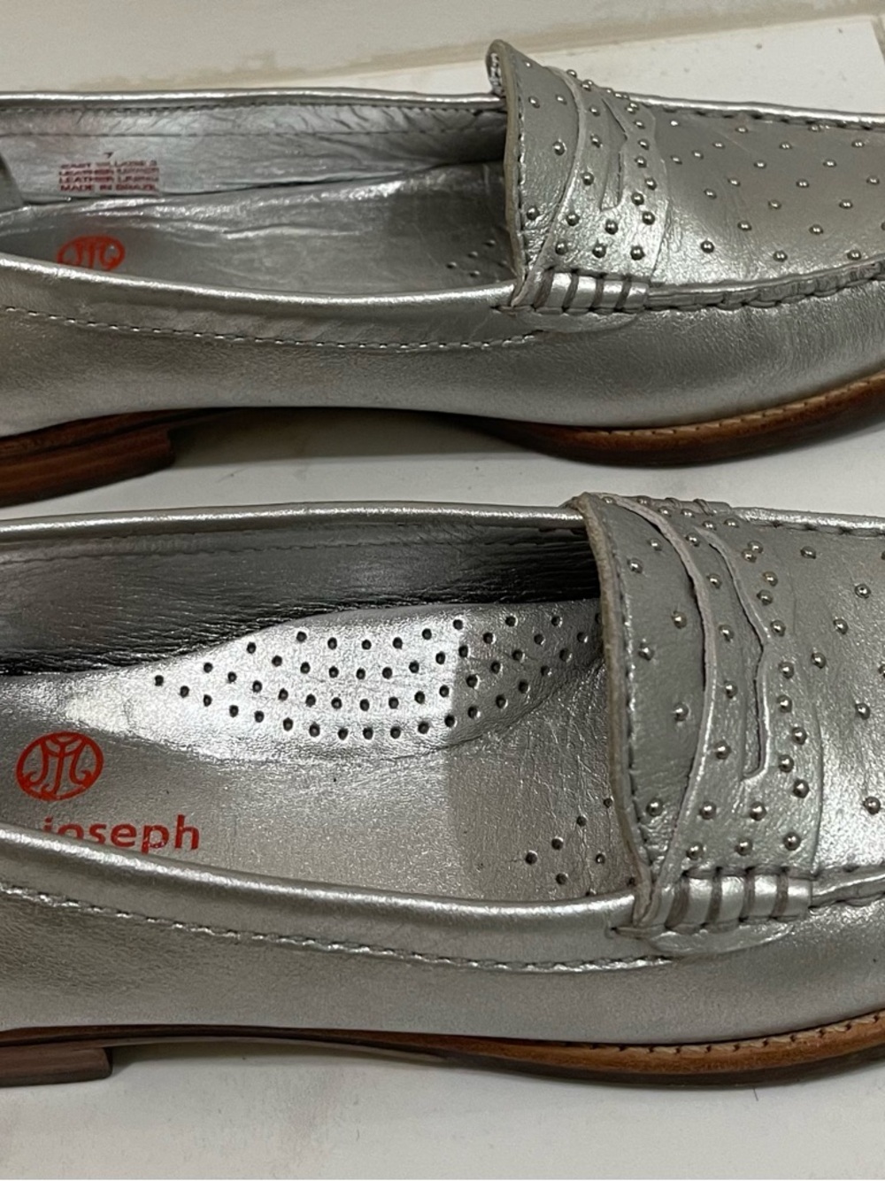 Joseph Metallic Silver Studded Leather Loafers